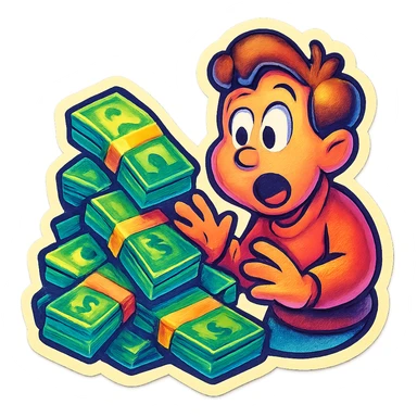 Top Gear sticker showing a pile of money with a surprised character, lively and bright sticker