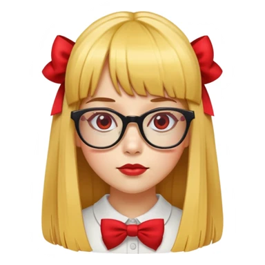 yellow skin girl with long straight hair, bangs, red bow on hair, square glasses sticker