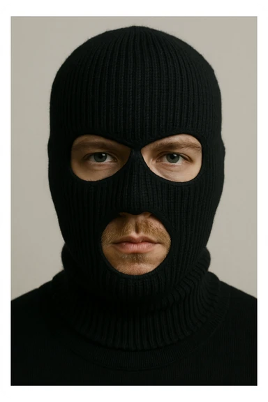 a white man in a black ski mask, close-up, plain background sticker