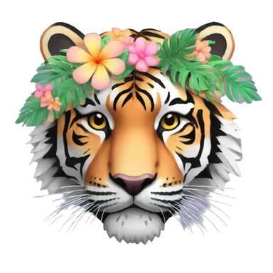 Pixel art of a pixel pastel tiger wearing tropical flowers and leaves, flower crown, floral, pixel sticker