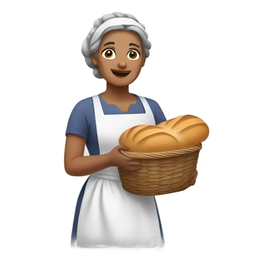 "A middle-aged woman with tired eyes, graying hair tied back, and a warm but worried look. She wears a simple dress with an apron, holding a loaf of bread or basket in a modest kitchen." sticker