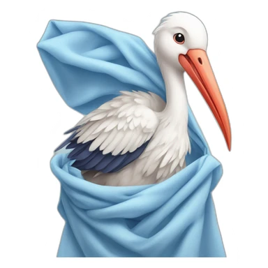 White stork carrying a blue bundle of cloth in its beak that has a human person cute baby human and the human baby head is peeking from the fabric the strok is carrying in its beak sticker