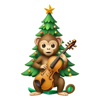A cute, minimal emoji-style Christmas tree with a bright green triangular shape decorated and a small playful monkey with a violin sticker