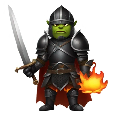 Orc black knight with night armor, sword with flames, Halloween theme, emoji sticker