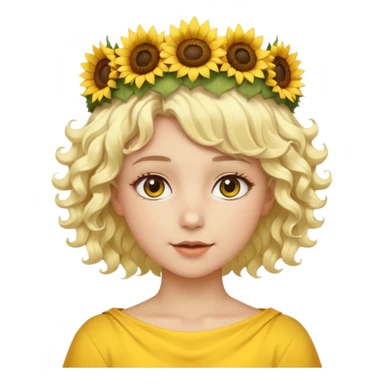 Fair skin female, short platinum-blonde curly hair, wearing a yellow sunflower crown. sticker