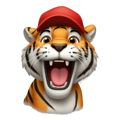 Excited tiger with a red cap which has letter "T" sticker