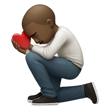A white-skinned man kneeling and crying, trying to mend his girlfriend's broken heart. The heart is a broken emoji heart, highlighting the emotional scene. sticker