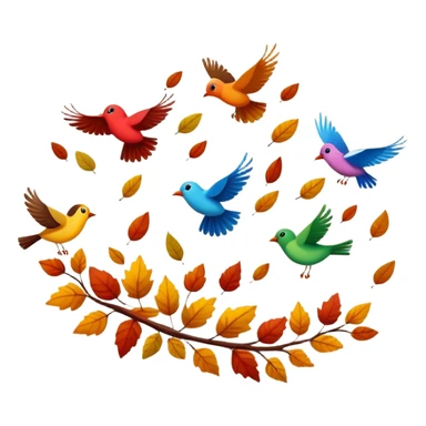 birds flying away in autumn with colorful fall leaves, simple and expressive sticker