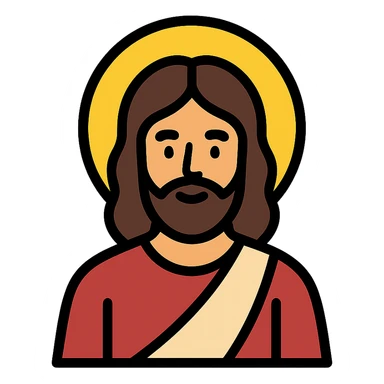 Jesus depicted in a modern color icon style, clear lines, gentle expression, halo, simple background sticker