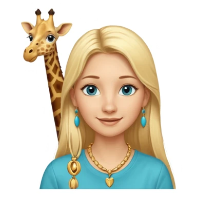 Swedish girl blonde long straigt hair blue eyes turqoise shirt gold earings, girrafe necklace gold small, long lashes smiling closed mouth sticker