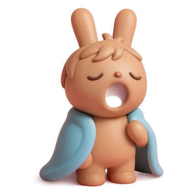 full-body pale brown bunny yawning with messy hair, blanket over shoulders, vinyl figure style sticker