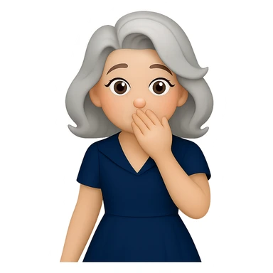 Extend the woman's hair so it is fully visible and not cropped at the top or sides. Keep her bashful expression, retro cocktail dress, and hand covering mouth. The style should resemble emoji style with a transparent background. sticker