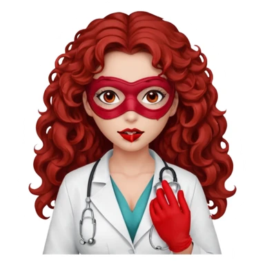 Lilith scalpel in hand, evil surgeon sexy surgeon clothes.  She has red eyes.  Hair is long. Hair is brown and curly hair. Wears sexy doctor outfit with red gloves. Covers mouth and neck mask rec red sticker
