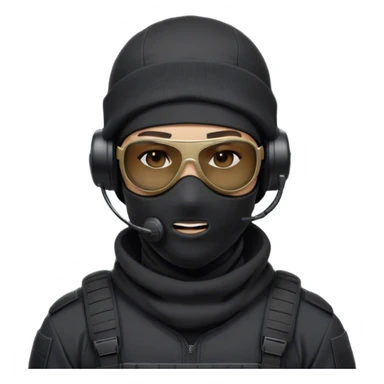 Futuristic special forces soldier wearing a white knit full-face balaclava, black wraparound tactical sunglasses, and a black backward cap over the balaclava. The soldier has a large professional military headset with a microphone. He is dressed in a black hoodie, with no tactical vest or armor. sticker