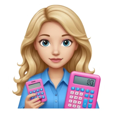 pretty female with long wavy brown hair with blonde highlights and blue eyes holding a pink calculator sticker