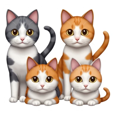 4 different coloured short haired cats including; a dark brown and white cat, and a dark grey and white, and a calico sticker