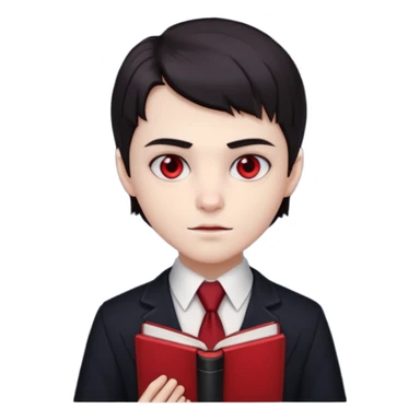 {
      "type": "human",
      "look": "young vampire student, tidy uniform, tie, red eyes, holding book",
      "description": "a young vampire student with red eyes wearing a neat uniform and holding a book"
    } sticker