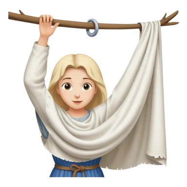 young washerwoman hanging large white cloth spread out, age medieval sticker