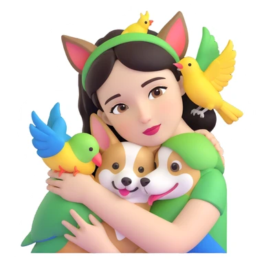 Dark short hair, dark brown eyes with pale skin and thin eyebrows girl hugging a welsh corgi. And a green-reddish lovebird on her head with yellow, blue love birds around her. sticker