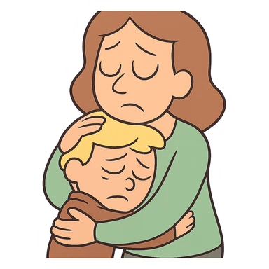 mother hugging a sad child, simple shapes, gentle palette sticker