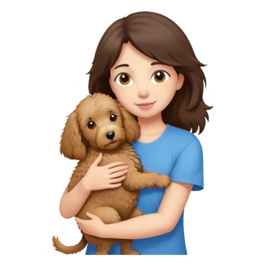 One girl with medium long dark brown hair dressing baby pink T-shirt, hugging One little brown coated labradoodle and a yellow-headed, blue-bellied macaw sticker