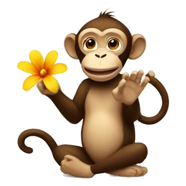 a monkey waves hands while holding a flower sticker