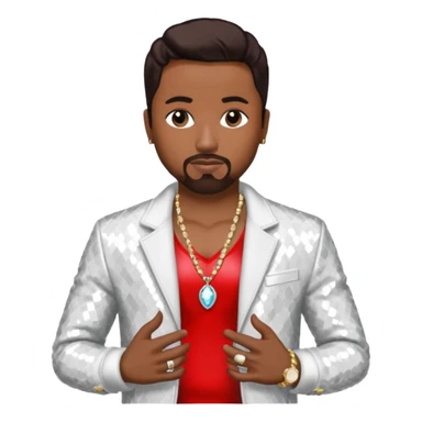 Teddy Riley with dark brown hair, white sequin jacket, shirtless with necklace  sticker