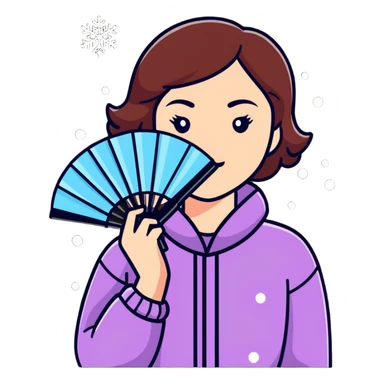 a woman holding a fan, with her face flushed and surrounded by snowflakes, symbolizing menopause hot inside cold outside sticker