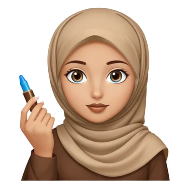 Turkish beautiful finish Konya blonde girl blue eyes with brown beige hijab islamic dress and had on her hand brown lipgloss sticker