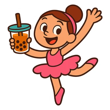 a cartoon ballerina holding a cup of boba tea, cheerful, vibrant toon style, lively and fun sticker