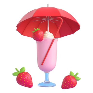 3D style strawberry milkshake with pink hue and cherry on top, glass with umbrella, tropical vibe sticker