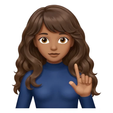 Uzun kahverengi dalgalı saçlı kahverengi gözlü esmer perçemli üzerinde lacivert parmak detaylı body olan bir kız yap sticker