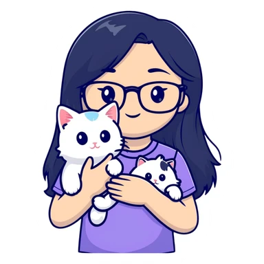 Beautiful girl with long black hair and glasses holding a white kitten sticker