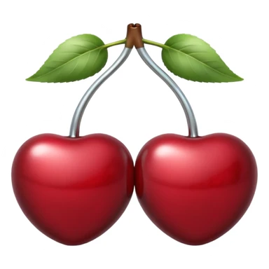 A pair of cherries emoji made of polished silver chrome, smooth rounded shapes, glossy metallic finish, soft highlights and reflections, cute proportions, iOS emoji style, centered, clean white background, no text sticker