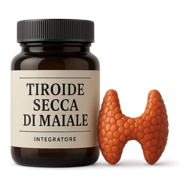 supplement jar labeled 'Tiroide Secca di Maiale' next to a small stylized thyroid illustration, isolated on white, hyperrealistic 4K sticker