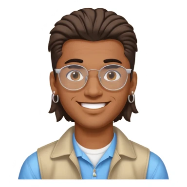 chico moreno con piercing en la ceja, pendientes, corte mullet y gafas y2k, expresión sonriente sticker