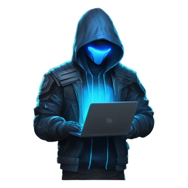 developer behind his laptop with this style : crysis Cyberpunk Riot Games Valorant neon glowing bright blue character blue black hooded assassin themed character sticker