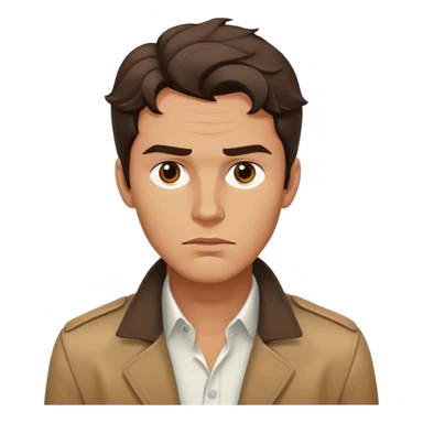 The person(male) has a tanned complexion, wavy  dark hair covering his forehead, well-defined facial features with a strong jawline, full lips, and serious expression. They are wearing a white shirt layered with a brown jacket sticker