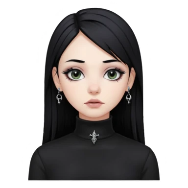 goth girl, straight black hair, verticals labret piercing, black mock neck shirt sticker