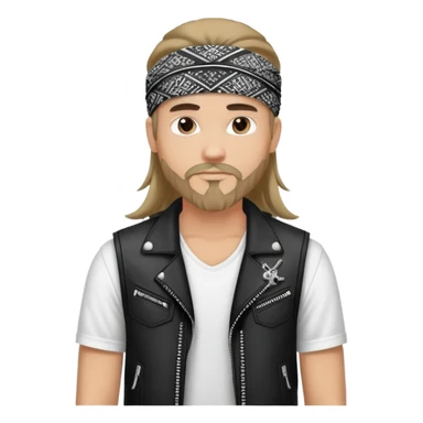 Guy wearing black and white patterned bandana as a headband with goatee and long hair, wearing white tshirt with black biker vest sticker