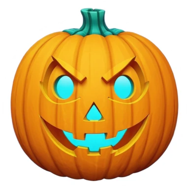 futuristic glowing jack-o-lantern emoji face, only purple and cyan carved glow, dark background sticker