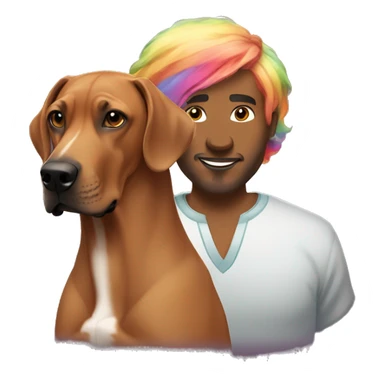 white male with long rainbow colored hair standing alongside a brown rhodesian ridgeback sticker