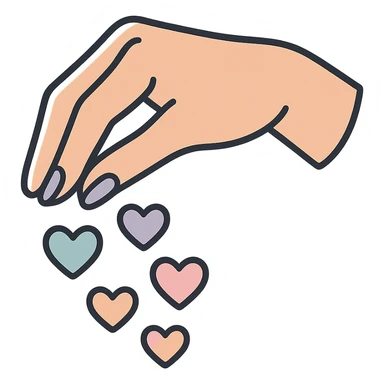 female hand sprinkling hearts like seasoning, icon-color-outlined style, thin clean contours, soft rounded shapes, pastel palette #98B5BC, #B5B3C1, #C9A3C9, #E4C0CA, #F7DCD1, #F7C0AA, modern Japanese pop-art and sticker aesthetic, detailed shadows and highlights, soft lighting, transparent background sticker