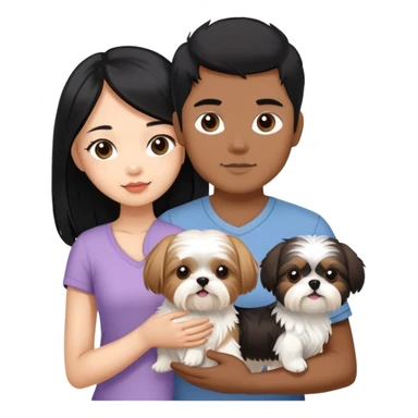 A beautiful Asian girl with long black hair is holding a small Yorkshire Terrier. She is standing next to her brown skinned boyfriend, who is holding a white Shih Tzu. They are each holding one dog each sticker