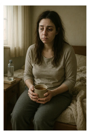 Create a vertical format, realistic, cinematic illustration of a woman in her early 30s with a tired, pale appearance, sitting on the edge of her bed in a softly lit bedroom during the morning. She looks exhausted and drained with a slightly slouched posture and visible dark circles under her eyes. She wears comfortable loungewear and holds a warm cup of herbal tea in her hands, seeking comfort. The scene includes a cozy yet slightly messy room with a blanket, a water bottle, and a book on the nightstand, emphasizing chronic fatigue. Soft natural light comes through the window, highlighting her expression of persistent tiredness despite rest, capturing the invisible struggle of chronic fatigue syndrome while maintaining dignity and a gentle aesthetic. Use the reference image for likeness and body type. sticker