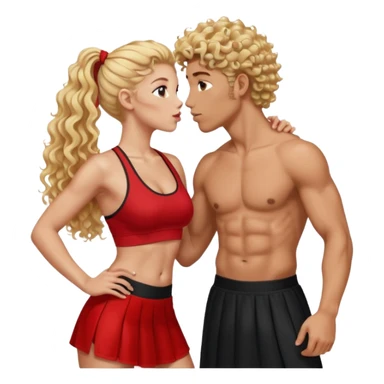 athletic man, high top fade, blonde curly hair only top only, no shirt and Athletic girl with long light red wavy long hair and black sports, Put them together kissing, or holding hands give the girl red hair and a long skirt sticker