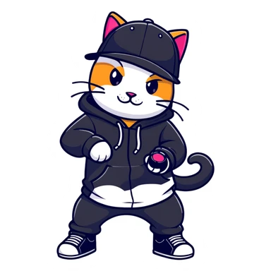 cat wearing a black snapback cap and black hoodie doing graffiti art with spray paint, street art style sticker