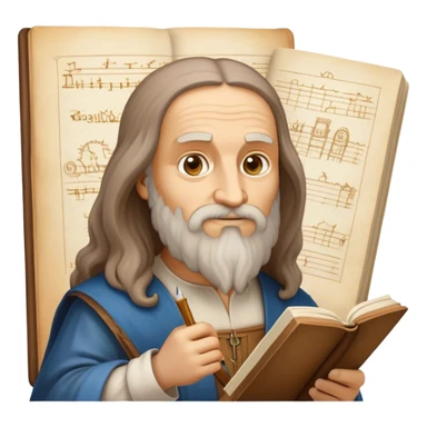 Cinematic Realistic Leonardo da Vinci Portrait Emoji, depicted as the quintessential Renaissance polymath with deep, thoughtful eyes, a flowing beard, and a quill or sketchbook in hand. The scene is illuminated with warm, classical lighting, evoking the atmosphere of a master artist’s workshop, surrounded by early sketches of inventions and masterpieces like the Mona Lisa. sticker