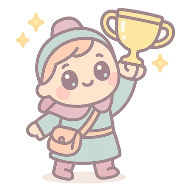 small funny medieval pilgrim raising a trophy cup in celebration, kawaii style, very cute, big eyes, pastel colors sticker