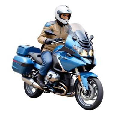 blue BMW RT1200 touring motorcycle with rider on open road sticker